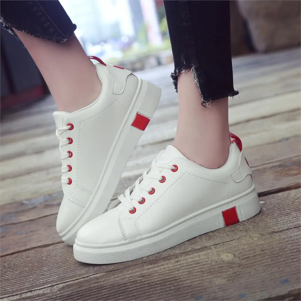 

Oeak New Women Sneakers Breathble Vulcanized Shoes Pu Leather Platform Lace up Casual White Tenis Feminino Zapatos De Mujer 2019