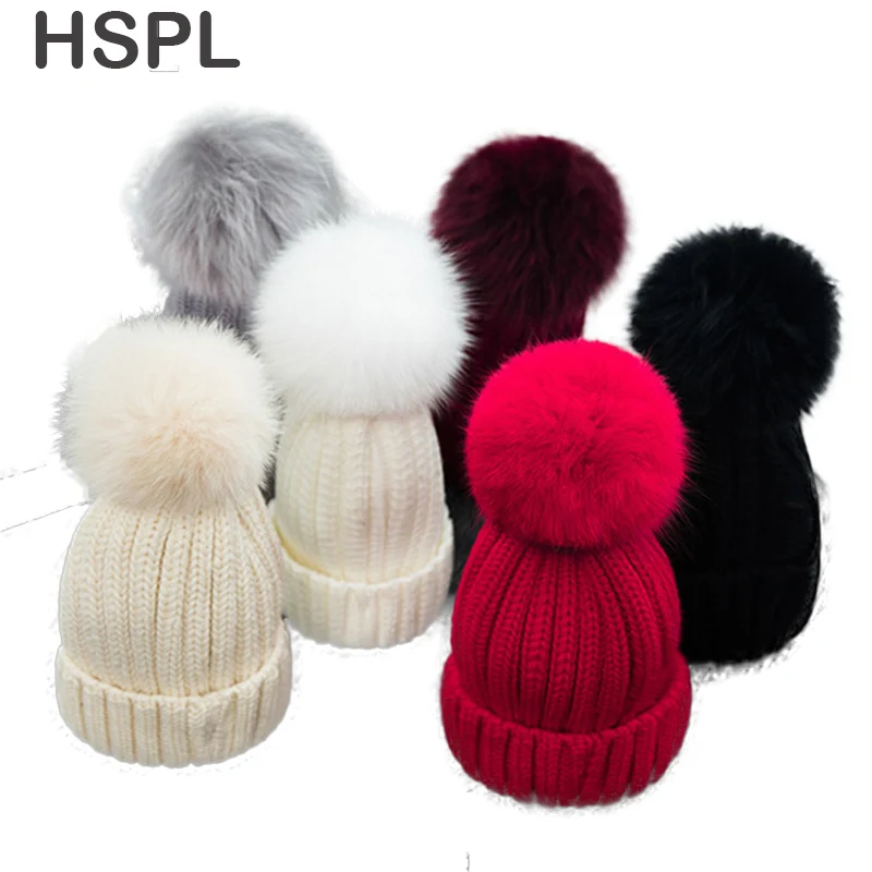 HSPL шапка из лисьего меха женская вязаный свитер черная бини для зимы модные