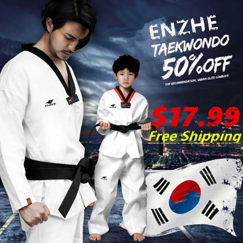 New Taekwondo Deluxe Uniform w/ Black V-Neck Jaquard Fabric Dobok Set All sizes 