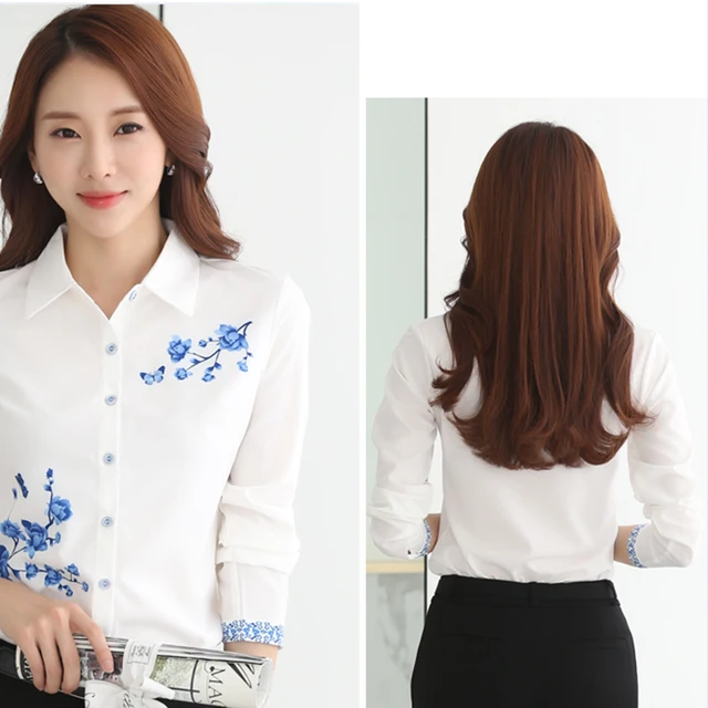 Long Sleeve Blue butterfly Flower Print Blouse Women 2021 Summer fall Top Elegant Work Office Plus Size Shirt White Blouse C181 2