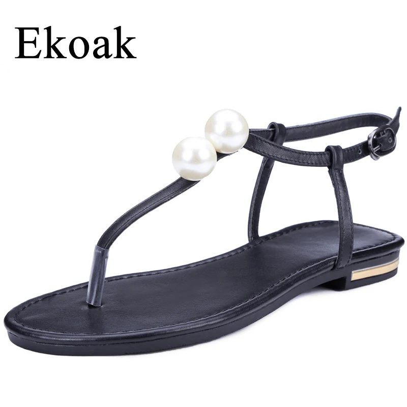 

Ekoak New 2018 Cow Genuine Leather Women Sandals Fashion String Bead Flat Sandals Casual Beach Shoes Woman T-strap Sandals
