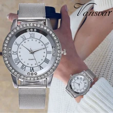 Для женщин Стразы Часы Модные Повседневное Для женщин серебро и розовое золото сетка Наручные часы Подарочные часы Relogio Feminino