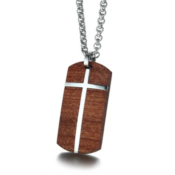 Unique Mens Necklaces Hand Crafted Rosewood Cross Inlay Pendant Necklace Men Wood Jewelry with Stainless Steel 24" Chain collare
