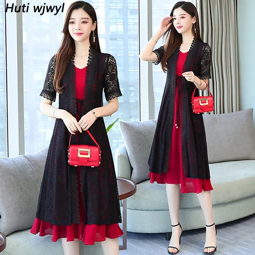 Элегантный черный красный комплект из двух частей платья летние винтажные 4XL размера плюс сплошные кружевные миди сарафаны женские облегающие вечерние платья - Цвет: Красный