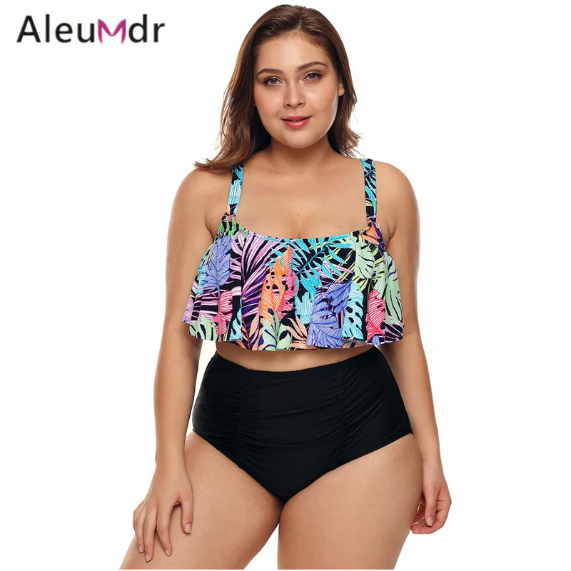 

Aleumdr Women Plus Size Swimwear Blackless Print Ruffled Crop High Waist Bikini Swimsuit LC410743 Maillot De Bain Femme