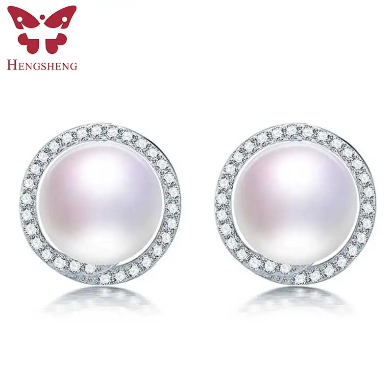 

HENGSHENG Korean Style 925 Sterling Silver Stud Earrings With Clear CZ Jewelry, AAAA Natural Freshwater Pearl Women Earrings