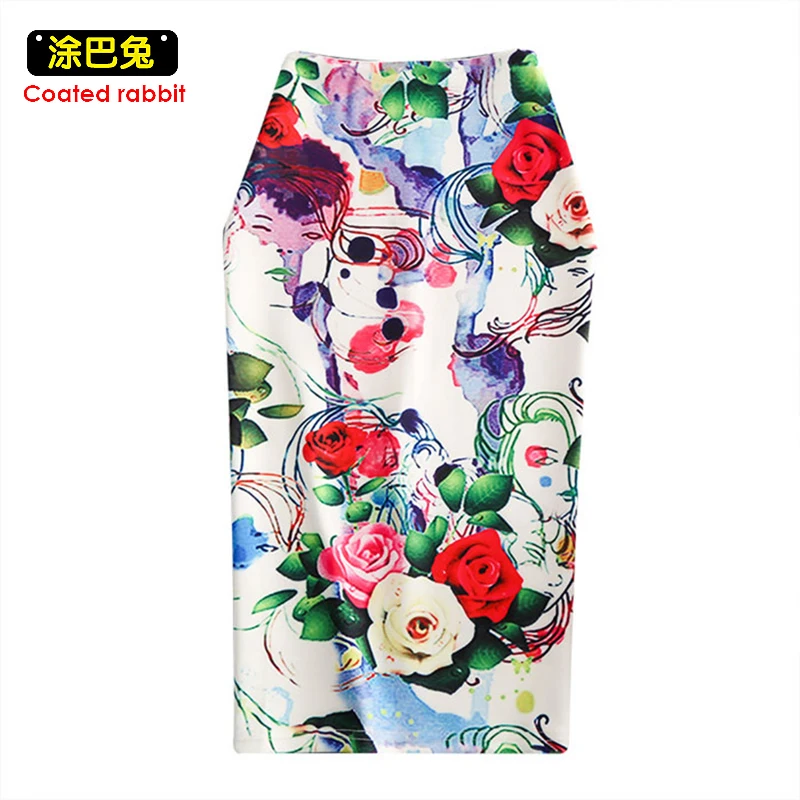 

Summer Pencil Skirt Women Ladies Ink painting Floral Printed High Waisted Skirts Womens Knee Length Bodycon Tutu Saia Jupe Femme