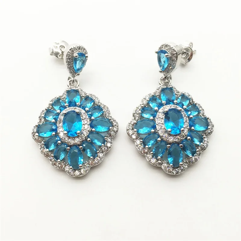

Sea-Blue Color Options Vintage Women Jewelry Silver Color Yellow Crystal Dangle Drop Earrings With Cubic Zirconia Paved