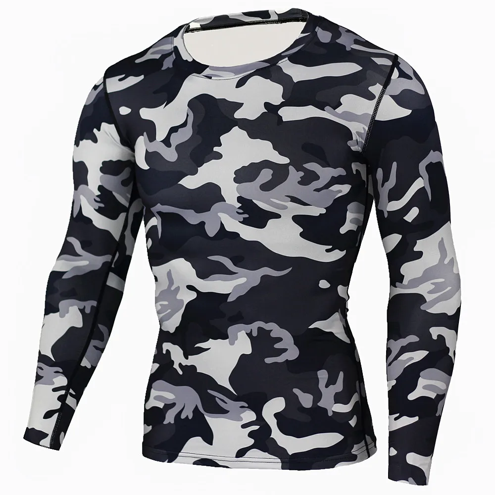 Новый камуфляж военные футболка Бодибилдинг колготки Фитнес Для мужчин быстросохнущая Camo с длинным рукавом футболки сильно облегающее
