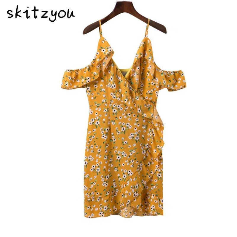 skitzyou Boho Yellow Print Beach Dress Spaghetti Strap Women Summer