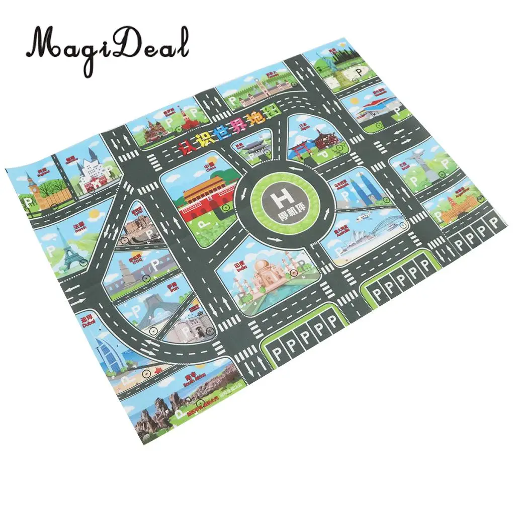 World Map Road Traffic System Playmat Activity Play Mat Carpet Educational Toy for Playing Cars & Train Track Playroom Fun