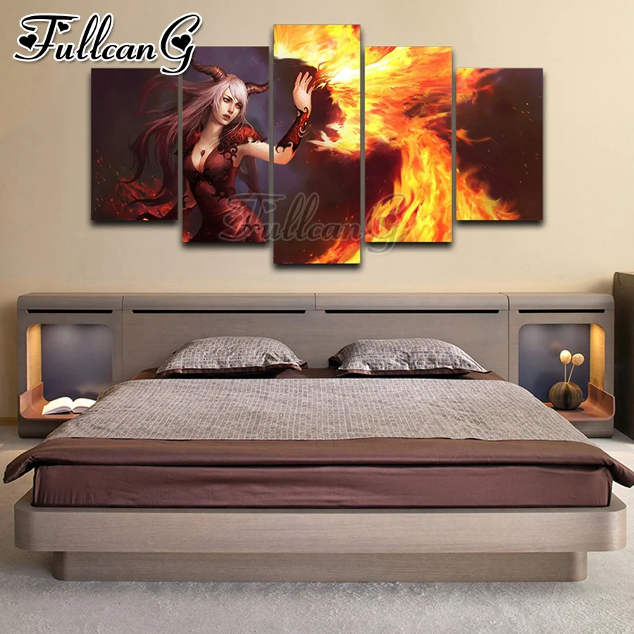 

FULLCANG 5pcs diy diamond painting cartoon girl elf full square/round drill 5d mazayka embroidery sale abstract flame FC1401