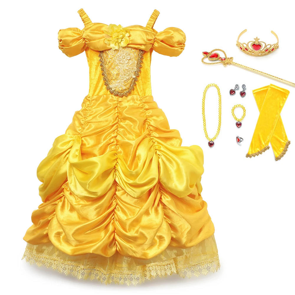 YOFEEL/платье Белль; костюм красавицы и чудовища для девочек; бальное платье с рюшами; детское праздничное платье принцессы на Хэллоуин, День рождения; фантазийные платья