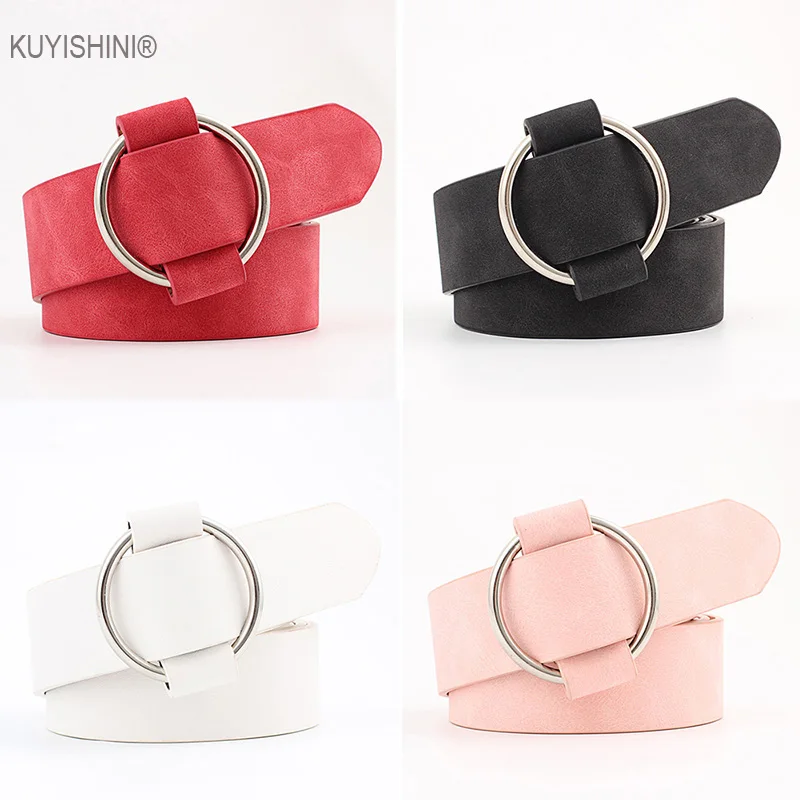 Female Casual Round Buckle Wide Belts Women Dress Jeans Belt Woman Ladies Faux Suede Leather Straps Ceinture Black Pink Red