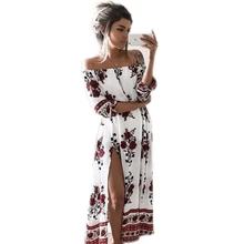 2017 summer women’s print slash neck off shoulder bohemian beach dress casual long maxi high waist women split dresses clothing