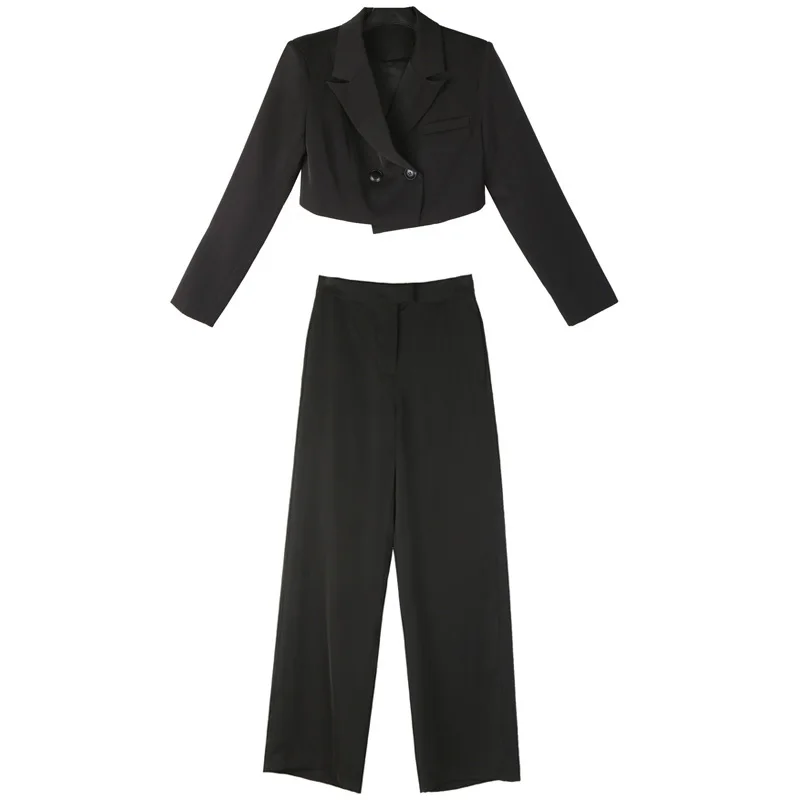 [EAM] Новинка Осень Зима лацкан длинный рукав черная короткая куртка свободные широкие брюки костюм из двух частей Женская мода JS362 - Цвет: black