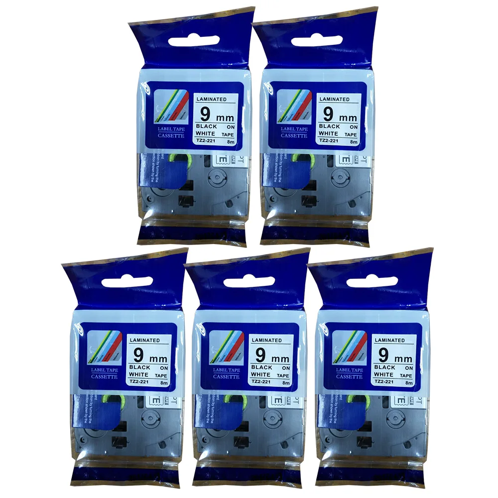 5PK For Brother TZ-221 P-Touch PT-D400 Laminated Black on white Label Tape 0.35/"