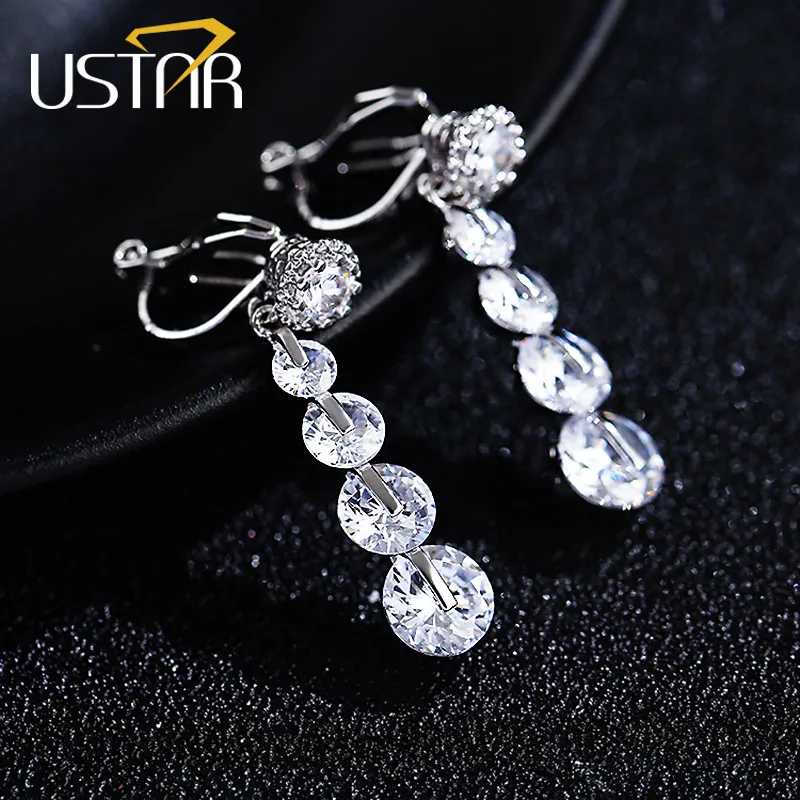 

USTAR Water drop Crystal Clip Earrings for Women AAA Cubic Zirconia Fashion Jewelry Earrings female brincos Non-slip Stopper