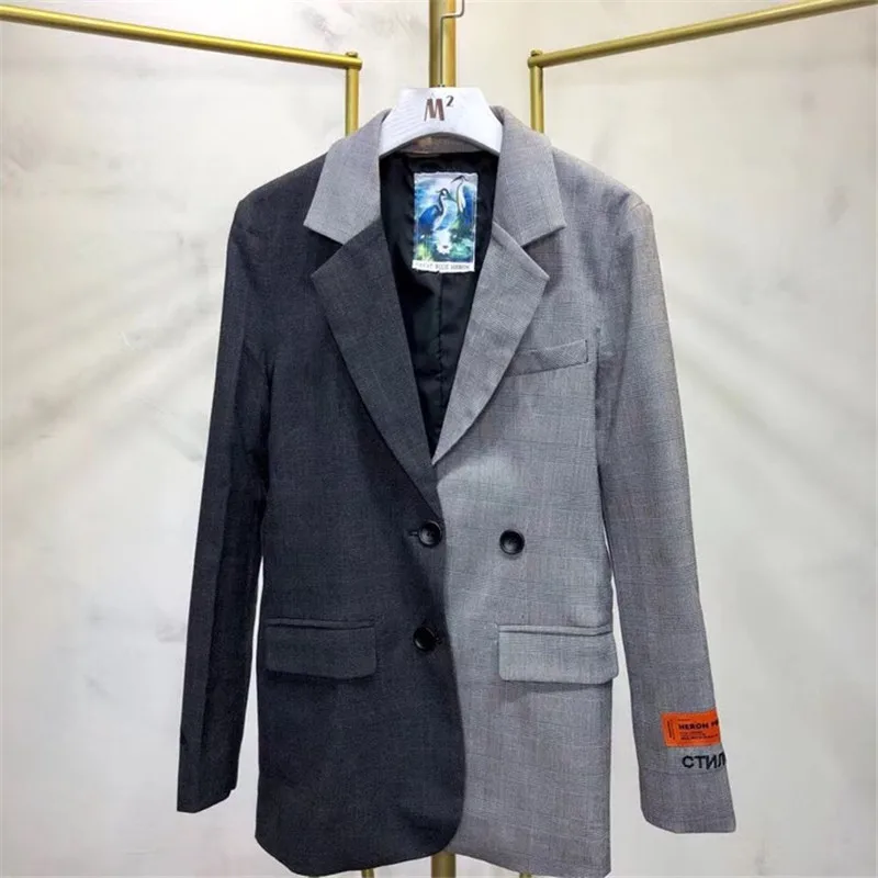 

19ss Heron Preston Blazers Women Men 1:1 Embroidery Crane Black Gray Stitching HP Blazer Jacket Plaid Heron Preston Blazer