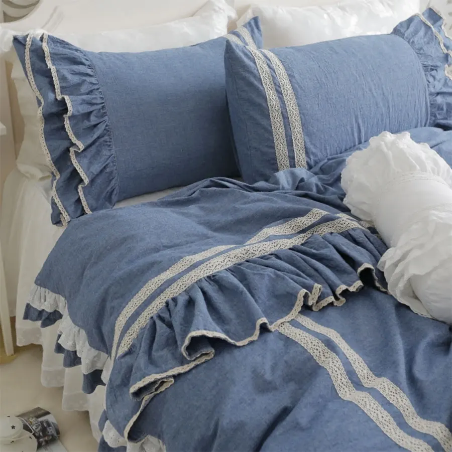 Pure blue lace ruffled bedding set girl,twin full queen king cotton