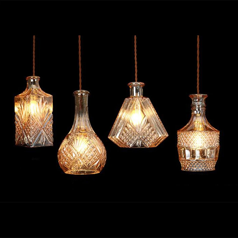 Современная Личность E27 стеклянные подвесные светильники бутылки вина Выгравированные подвесные лампы для столовой гостиной ресторана кафе бара