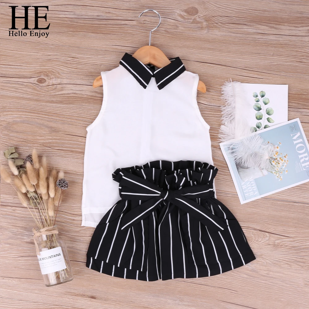 

HE Hello Enjoy Girls Clothes Clothing Sets 2019 Summer Kids Clothes Vest+bowknot Striped Shorts Children Clothing Suits Fashion