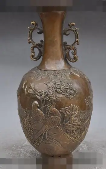 

S00706 12"marked China Palace Bronze Pine tree bird statue Zun Cup Bottle Pot Vase Jar B0403