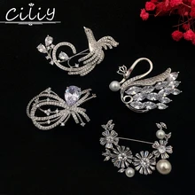 luxury fashion large cubic zircon snow flower Phoenix Swan brooches for women birds Bow pearl pin Christmas wedding jewelry