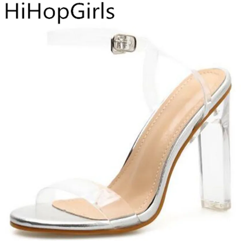 

HiHopGirls New Summer Ladies High Heel Sandals Transparent PVC Crystal Square Heel Back Style With Roman Style Party Women Shoes