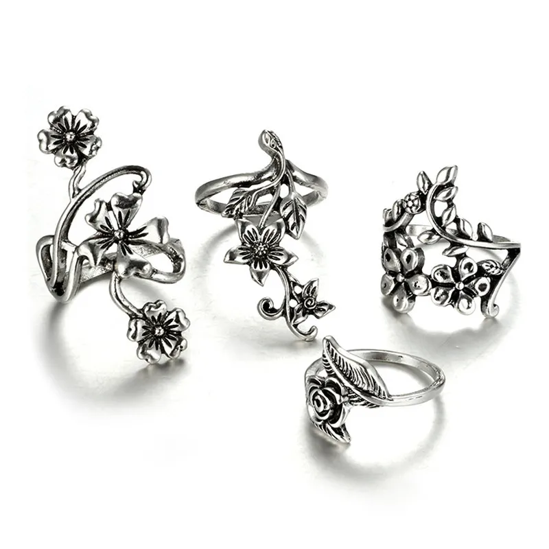 

Boho Retro Midi Finger Ring Sets for Women Anel Vintage Ancient Silver Color Rose Flower Vine Knuckle Rings Gift 4pcs/set