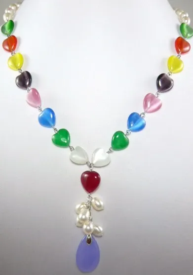 

colorful lady's white pearl necklace + heart shape of stone + jade pendant jewelry