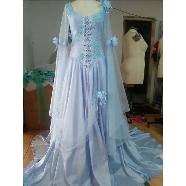 Vintage Celtic Wedding Dress White And Pale Blue Colorful Medieval