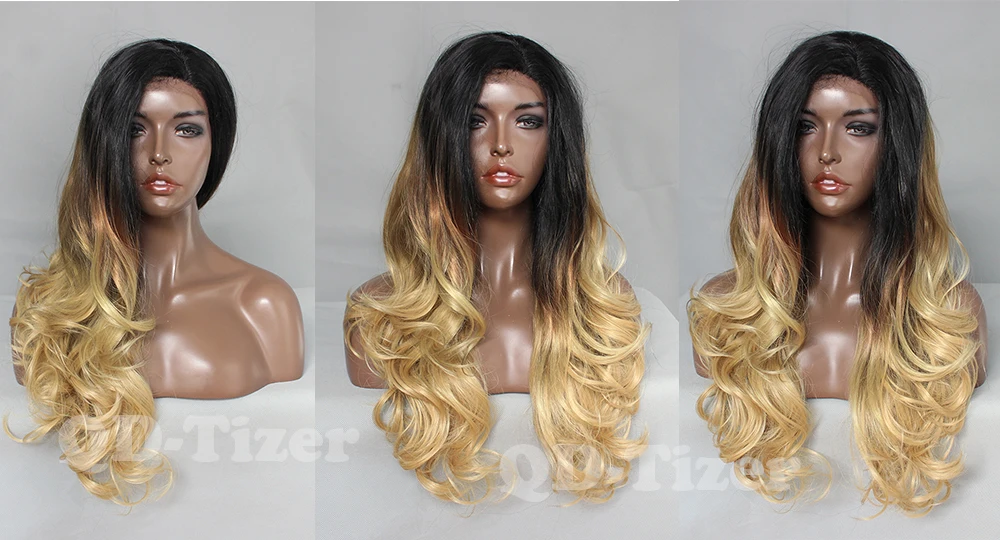 QD-Tizer 3 Tones Synthetic Lace Front Wig Ombre Blonde with Dark Brown Root Lace Front Wigs Long Body Wavy Wigs For Black Women 6