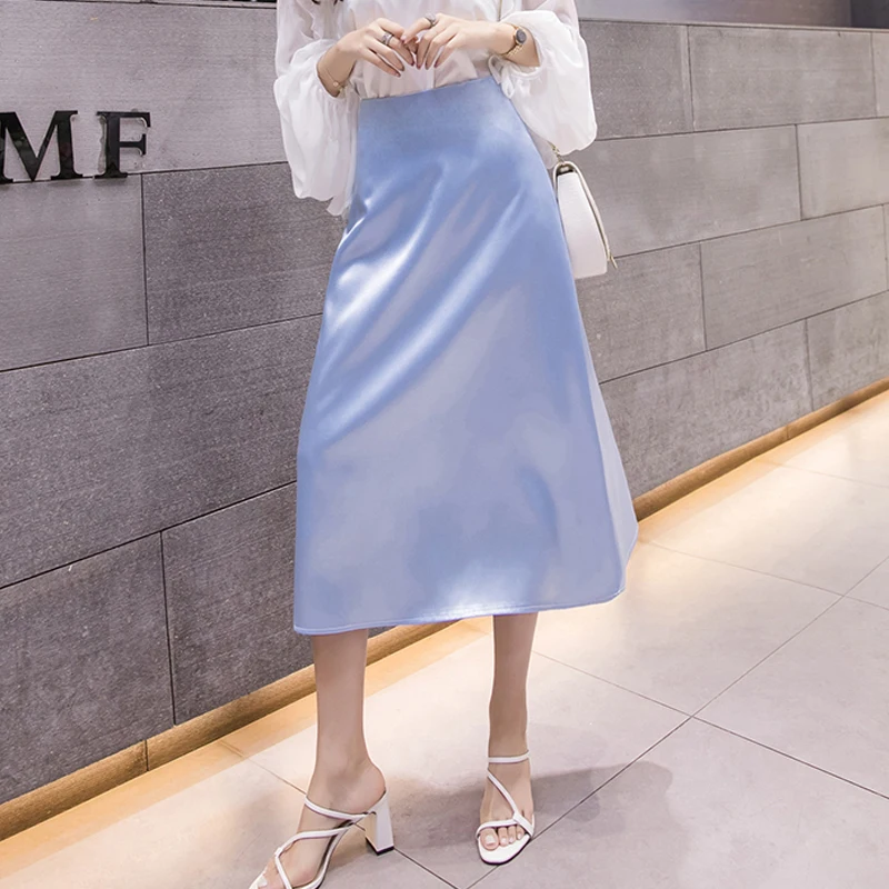 

4 Solid Color Satin Skirt Midi 2019 New Fashion Zipper Pink Summer Skirt High Waist All-match Soft Elegant Black Jupe Femme S-XL