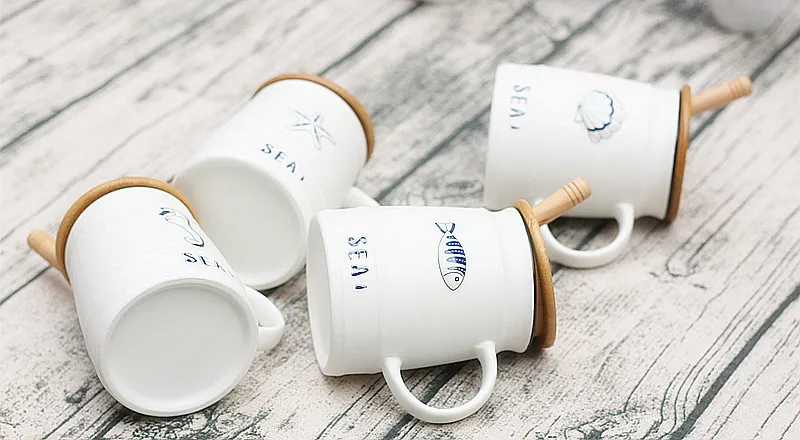 Креативная морская био керамическая кружка с крышкой-ложкой, в скандинавском стиле, белая чашка с деревянной крышкой, кружки, посуда для напитков, кофейные чайные чашки, новые подарки