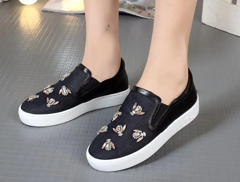 2017 Women Flats Shoes Loafers Crystal Bee Slip On Genuine