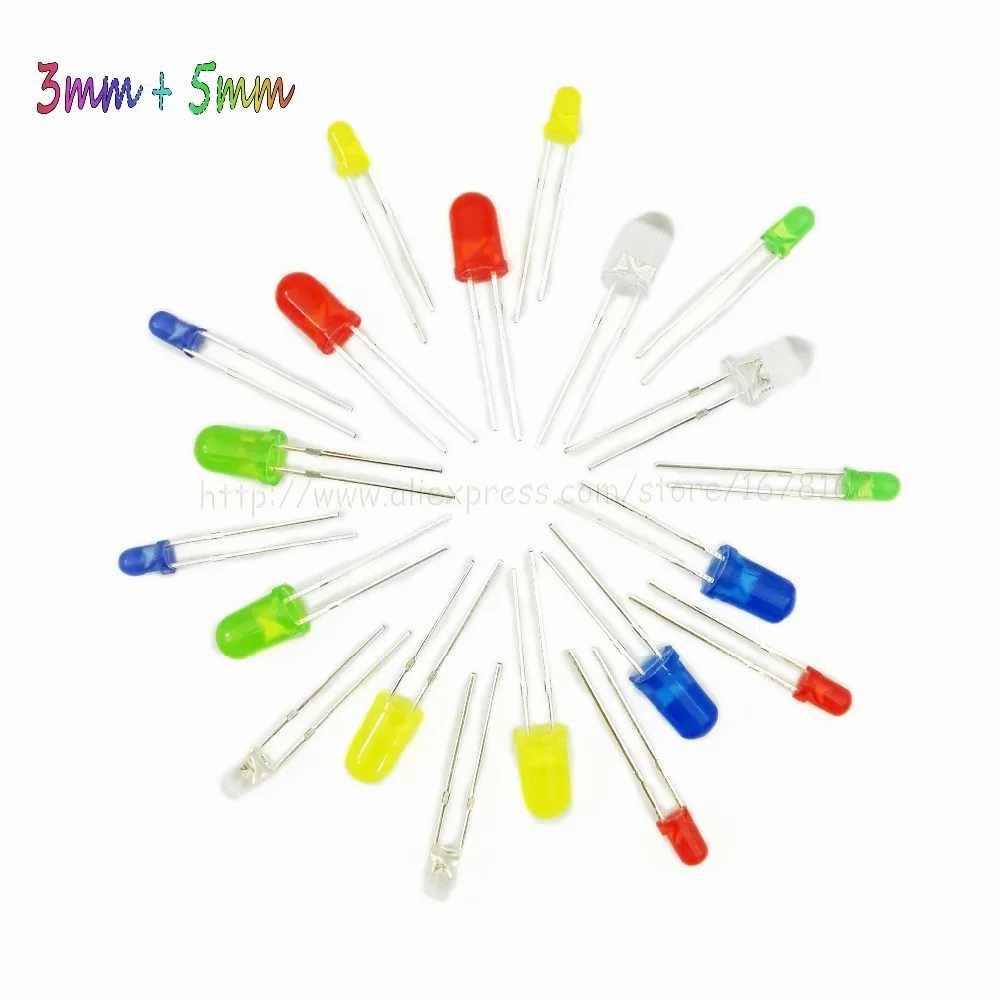 

100pcs 5mm+3mm LED diode Light Assorted Kit DIY White Yellow Red Green Blue free shipping