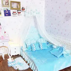 1:6 мебель для кукол Dollhouse миниатюрные куклы кровать kawaii моделирование Великолепный мягкий синий кровать претендует игрушки для девочек