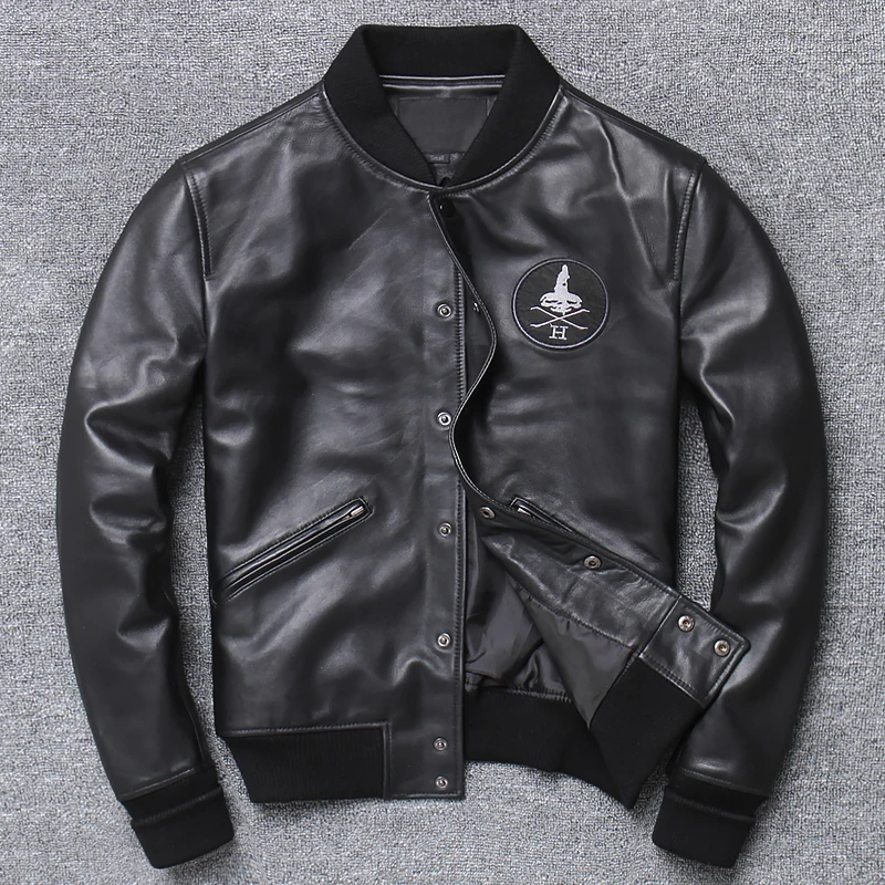 

DHL Free Shipping Men's Genuine Leather Baseball Jacket Large Capacity Slim Fit Locomotive Black Jacket Soft Sheepskin Coat