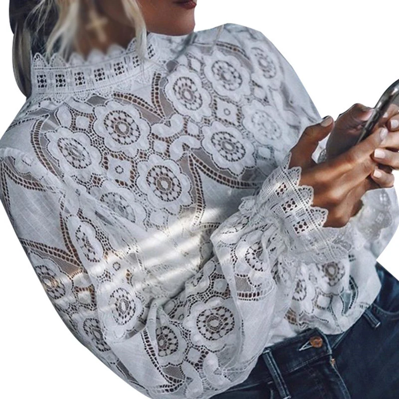 Women Lace High Collar Long Sleeve Tops Crochet Chiffon Blouse Solid Color Retro |
