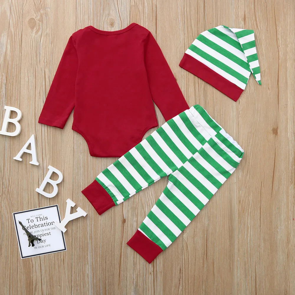 Комплект рождественских нарядов для маленьких мальчиков и девочек, комбинезон+ штаны в полоску+ шапочка, рождественские комплекты одежды для новорожденных мальчиков и девочек