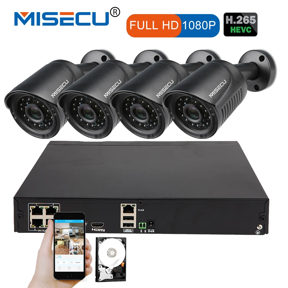 

MISECU 4CH 1080P POE 48V Real NVR kit HD 2.0MP POE IP Camera IP66 Waterproof Outdoor P2P PoE Kit Email Alert CCTV Camera System