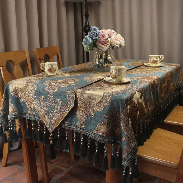 curcya european blue chenille jacquard luxury table cloth formal