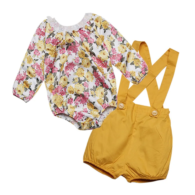 Two Piece Toddler Girl Clothing Long Sleeve Floral Top+Yellow Overalls