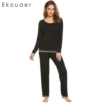 

Ekouaer Casual Women Pajamas Set O-Neck Long Sleeve Sleepwear Patchwork Sleep Shirt Pant Pajamas Set Female Nightgown Homewear