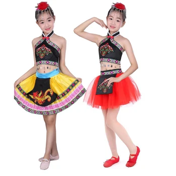 

Kids Hmong Clothes Suits Summer Children Stage wear Performance clothing Girls Ballroom Chinese Folk dance wear costumes Outfits