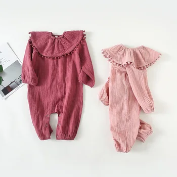 

Baby Girls Rompers Linen Cotton Toddler Girl Jumpsuits Long Sleeve Newborn Infant Princess Onesie Outfits with Pomom Bib Costume