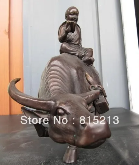Bi00183 Китайская Народная Чистая Бронза Медь Резные вакеро Мальчик Женский Монастырь Ездить карабао Статуя