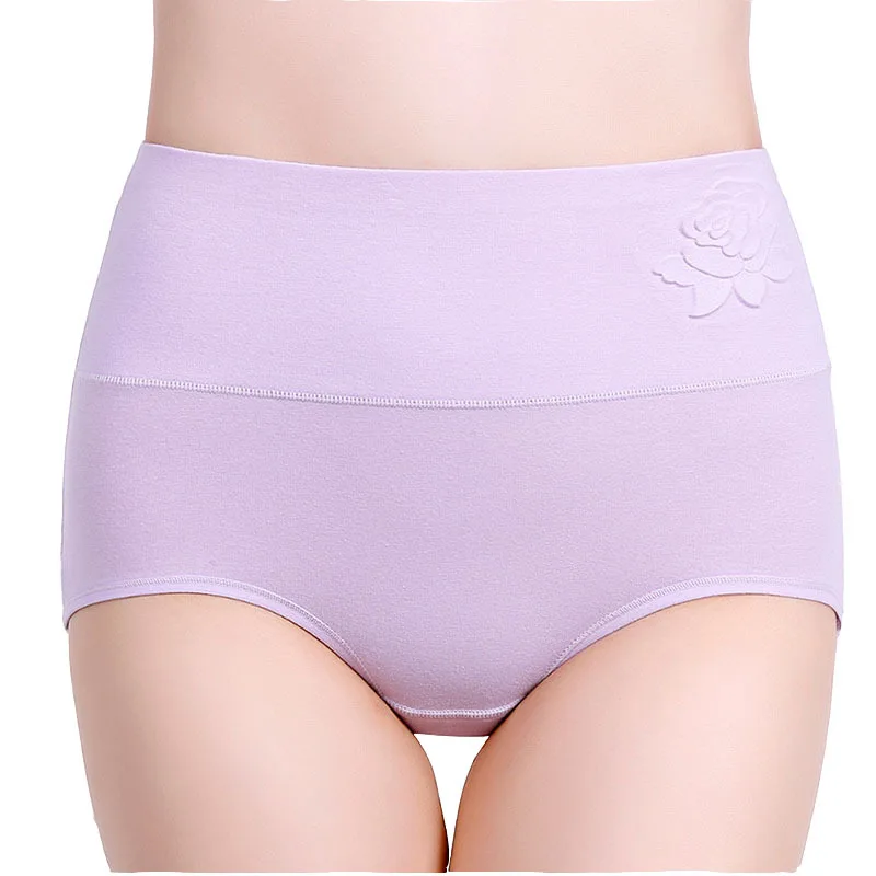 

Women's Cotton High Waist Panties Embossing Solid Color Briefs Breathable Women Underwear 2019 Designed Females Panties L-3XL