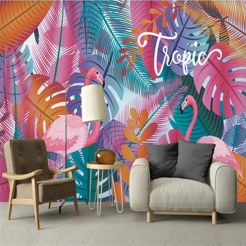 Обои на заказ в скандинавском стиле фламинго Тропическое растение фоновое
